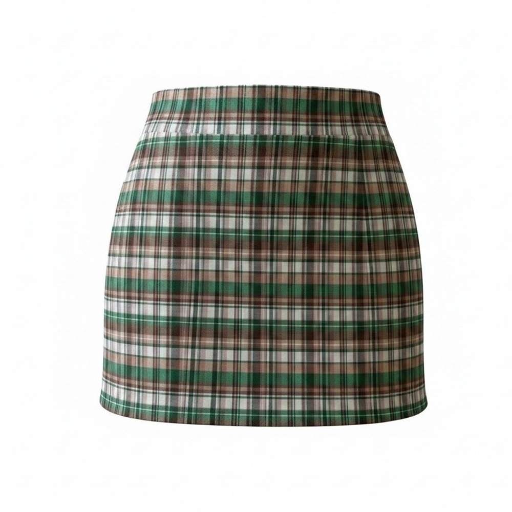 Zara Green Brown Plaid Mini Skirt High Waisted A-Line Size S Small Womens